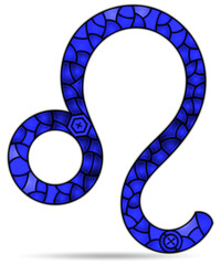 Illustration in the style of a stained glass window with the zodiac sign leo, the sign is isolated on a white background, tone blue