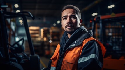 Professional experienced forklift operator  managing industrial tasks and managing cargo with a warehouse environment. - obrazy, fototapety, plakaty