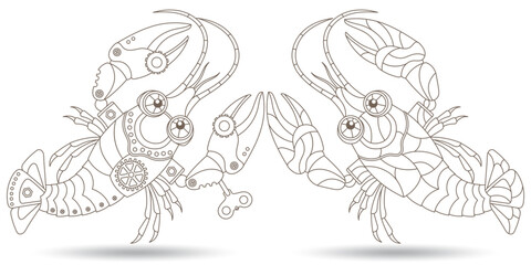 Set of contour illustrations in the style of stained glass with steam punk signs of the zodiac cancer , dark contours on a white background