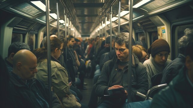 Urban Commute: Crowded New York Subway Metro During Evening Rush Hour, Weary Commuters On Their Way Home.