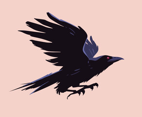 Fototapeta premium A crow, a black raven with a red eye. A bird in flight. Vector illustration in a flat style.