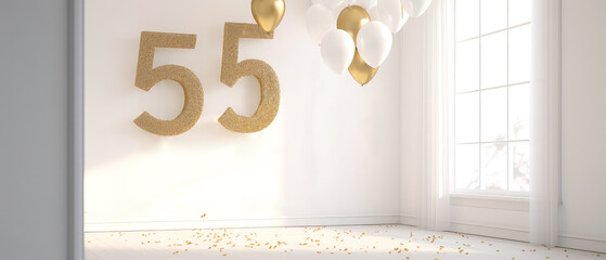  Number 55, fifty five years, with golden balloons in empty luxury white apartment. Balloons style font. Anniversary. Birthday surprise celebration concept with copy space. Photo zone. Generative ai