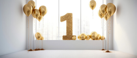 Number 1, one with golden balloons in empty luxury white apartment. First place. Balloons style font. Anniversary. Birthday surprise celebration concept with copy space. Photo zone. Generative ai
