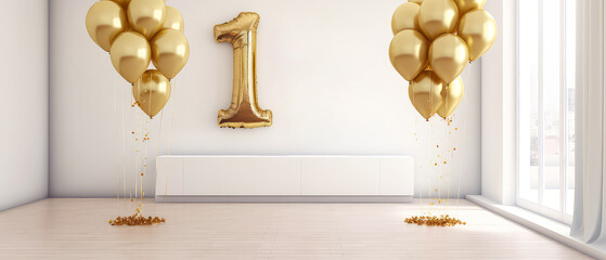 Number 1, one with golden balloons in empty luxury white apartment. First place. Balloons style font. Anniversary. Birthday surprise celebration concept with copy space. Photo zone. Generative ai