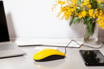 Yellow computer mouse and mimosa on gray table....