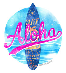 cool surfboard graphic with slogan