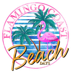 flamingo graphic with sea and palms
