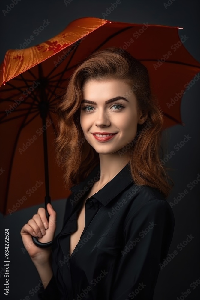 Wall mural portrait of a happy young woman posing with an umbrella on a gray background