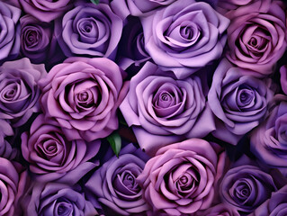 Purple rose flowers bouquet background for Valentine's Day decoration, top view.