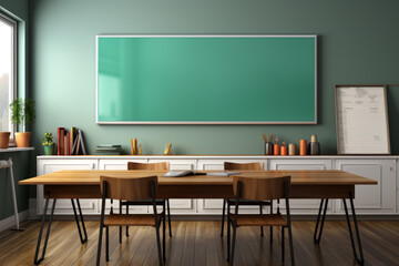 Classroom with Blackboard and Desks.