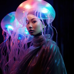 A mysterious woman stands confidently in an ethereal jellyfish-inspired gown, exuding grace and poise