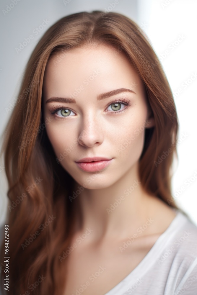 Sticker portrait of a beautiful young woman with flawless skin posing against a white background