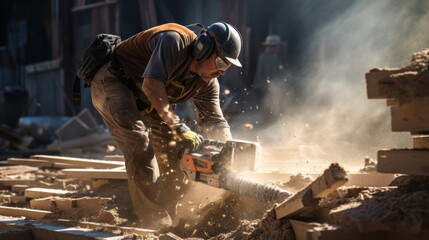 Workers use power tools every break. Concrete at the construction site