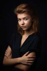 Naklejka premium portrait of a beautiful young woman posing with her arms crossed in studio