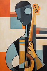 Abstract painting of a person in geometric figures playing a musical instrument.