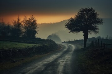 Sunset in the English countryside with a misty road and trees, An early morning elevated shot of a dirt road winding through overgrown brush, AI Generated