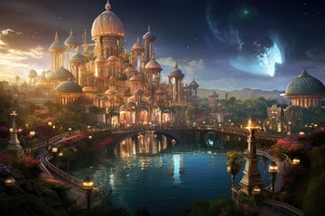 Fototapeta na wymiar Fantasy landscape with mosque, bridge and river at night. 3D rendering, An enchanting and dynamic realm and mesmerizing city, AI Generated