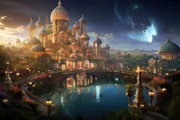 Papier Peint photo Lavable Noir Fantasy landscape with mosque, bridge and river at night. 3D rendering, An enchanting and dynamic realm and mesmerizing city, AI Generated
