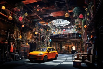 Fototapeta premium 3d rendering of an orange car in a cafe in the city. An imaginative image of a car hidden beneath a tunnel, AI Generated