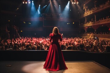 Female singer in red dress standing in front of audience at concert hall, An opera singer full rear view singing in front of large audience, AI Generated
