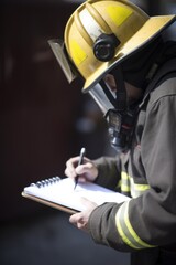 shot of a firefighter writing on a clipboard