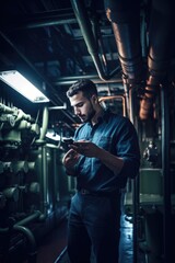 Fototapeta na wymiar shot of a young man using a cellphone while working in an engine room