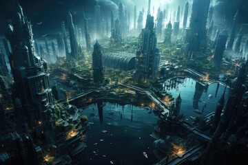 Fantasy futuristic city. 3D rendering and illustration. Computer digital drawing. An underwater city where marine creatures and humans coexist, AI Generated