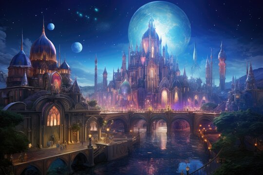 Fantasy landscape with fantasy fairytale castle. 3d illustration, An enchanting and dynamic realm and mesmerizing city, AI Generated