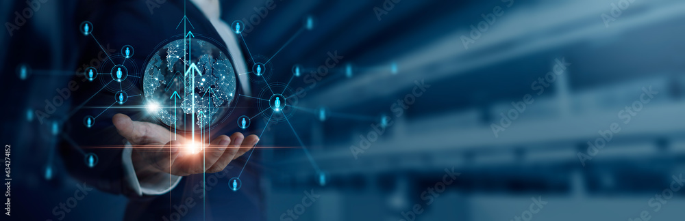 Poster Businessman holding global structure networking and data exchanges customer connection, Customer relationship management, Client service, digital marketing and social network.