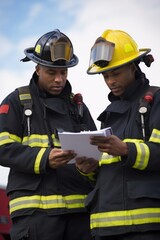 Fototapeta premium shot of two firefighters discussing something on a clipboard