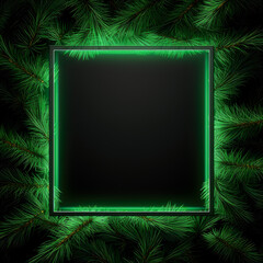 Winter neon cyber conifer frame, Christmas tree flat lay background with copy space.