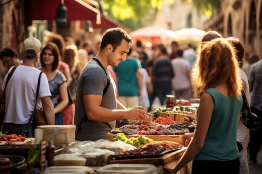 Asian cuisine enthusiasts relishing flavorful street food in the heart of Bangkok. Concept of embracing the citys vibrant food culture and unique flavors.
