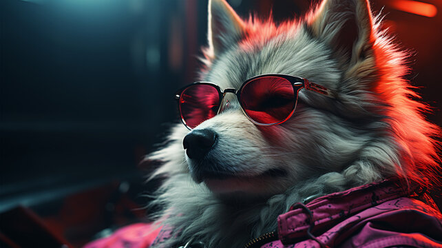 Photo of a dog wearing a jacket in trending colors, neon and cyberpunk, concept for a veterinary clinic