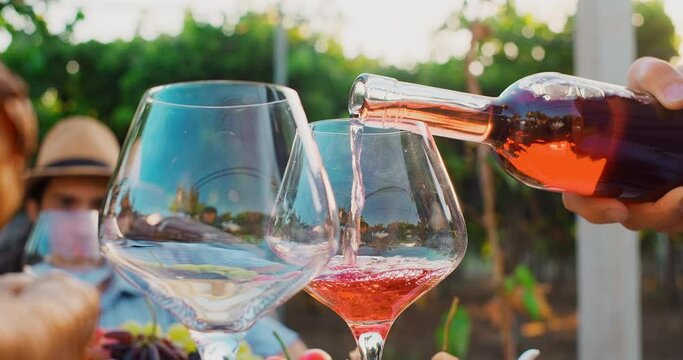 The man pours rose wine into glasses. Outdoor lunch in the vineyards with lots of tasty food and wine on a sunny day
