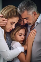 shot of family holding each other and crying in a huddle