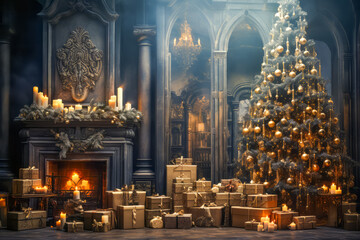 Fototapeta premium Stylish interior of living room with fireplace decorated Christmas tree. Christmas decoration.