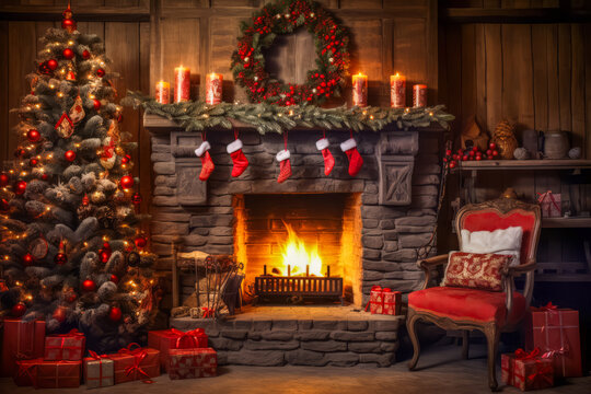 Stylish interior of living room with fireplace decorated Christmas tree. Christmas decoration.