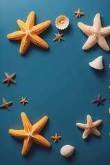 summer background with shells, starfish and capes on a blue background. Copy space