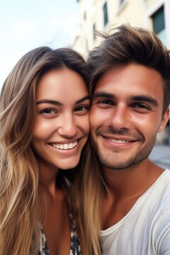 a happy young couple taking a photo together while on holiday