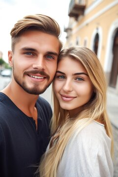 a happy young couple taking a photo together while on holiday