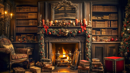 Fototapeta na wymiar Stylish interior of living room with fireplace decorated Christmas tree. Christmas decoration.