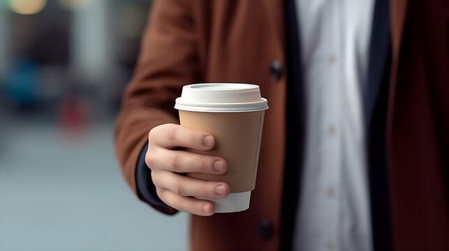 Man in white shirt holding coffee paper cup in hand. Close up.