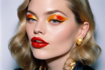 Fototapeta premium Closeup of Female Model with Blonde Hair and Gold Earrings Smiling and Bright Red Lipstick and Makeup