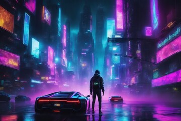 A lone person in a black jacket stands next to a black car in a futuristic city at night
