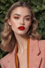 Woman in Pink Blazer and Orange Top wijth Bright lipstick Posing by a Green Hedge