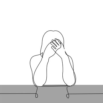recommend clip art: woman crying uncontrollably at the table - one line art vector. the concept to cry hopelessly, be afraid and cover your face in shame