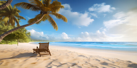 Obraz na płótnie Canvas summer vacation on tropical sandy beach with deck chair and palm tree