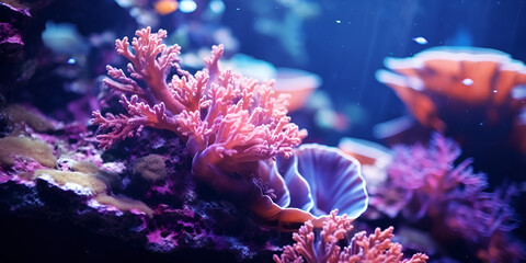 Corals glow under ocean,A colorful coral reef with a pink and purple glow.