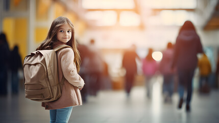 Fototapeta premium Girl with backpack walking in the school. 