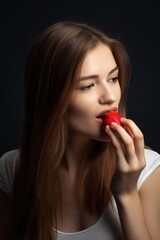studio shot of an attractive young woman eating a strawberry against a grey background